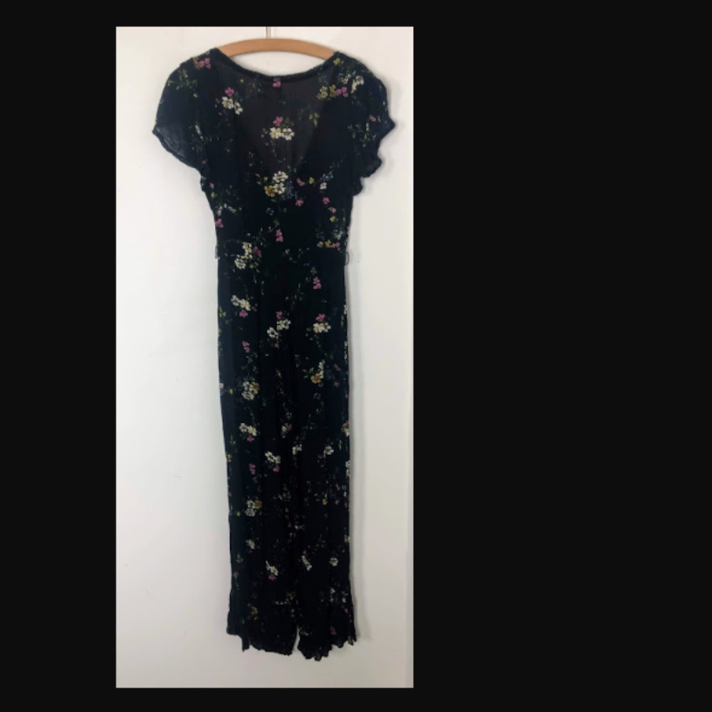 UO Marie Prairie Wrap Jumpsuit Black Floral Pants - Picture 7 of 8